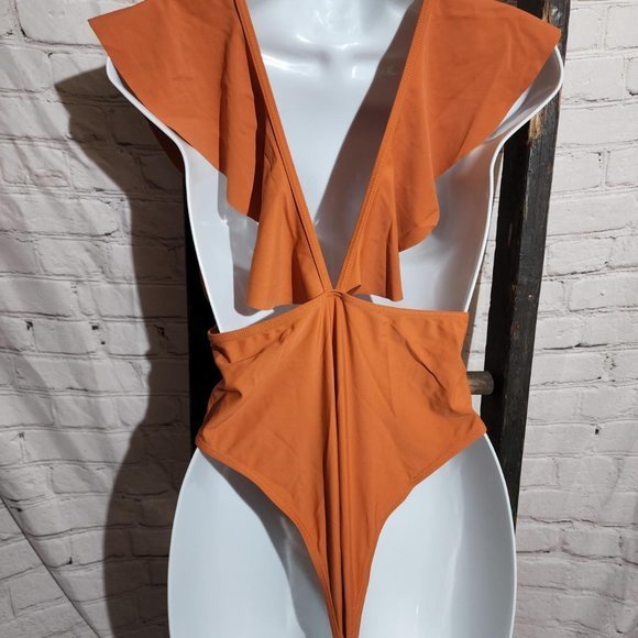 Swimsuit V Neck and Ruffle Sexy Orange Small Swim Beach A63 - Picture 2 of 3